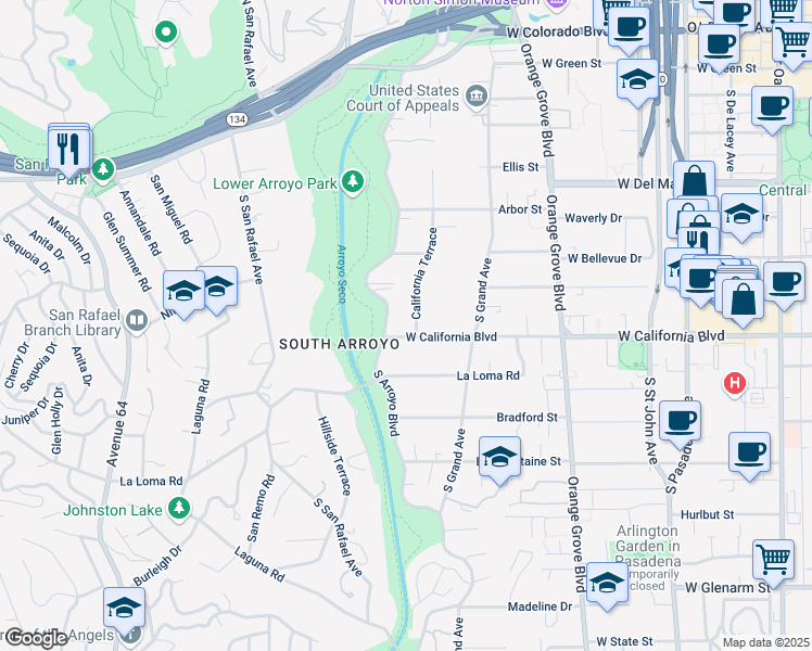 map of restaurants, bars, coffee shops, grocery stores, and more near 714 West California Boulevard in Pasadena