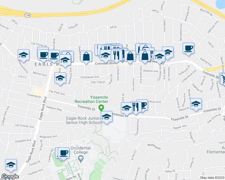 map of restaurants, bars, coffee shops, grocery stores, and more near 4876 La Roda Avenue in Los Angeles