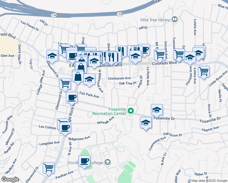 map of restaurants, bars, coffee shops, grocery stores, and more near 4955 Highland View Avenue in Los Angeles