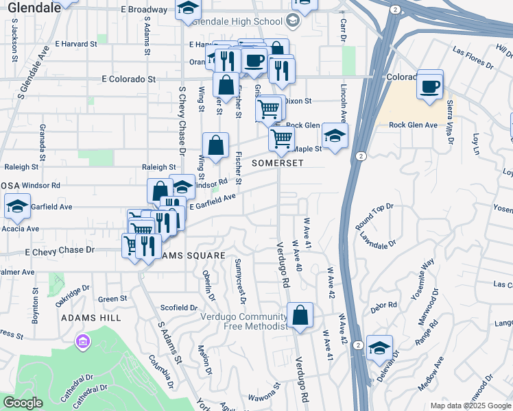 map of restaurants, bars, coffee shops, grocery stores, and more near 1364 East Acacia Avenue in Glendale