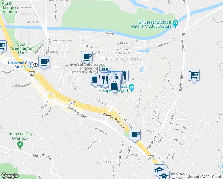 map of restaurants, bars, coffee shops, grocery stores, and more near in Los Angeles County