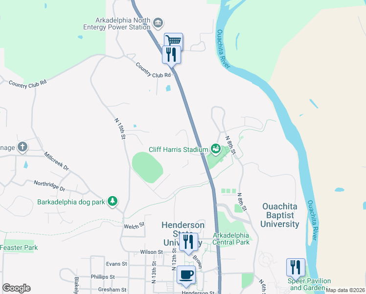 map of restaurants, bars, coffee shops, grocery stores, and more near 14 Pinewood Drive in Arkadelphia