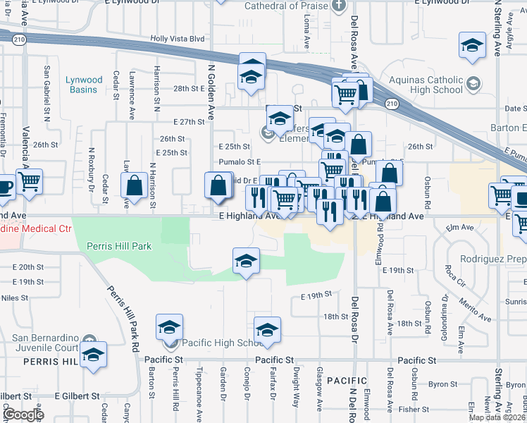 map of restaurants, bars, coffee shops, grocery stores, and more near 1359 East Highland Avenue in San Bernardino