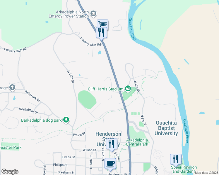 map of restaurants, bars, coffee shops, grocery stores, and more near 14 Pinewood Drive in Arkadelphia