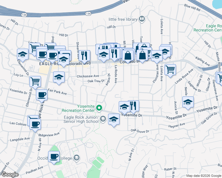 map of restaurants, bars, coffee shops, grocery stores, and more near 4921 La Roda Avenue in Los Angeles