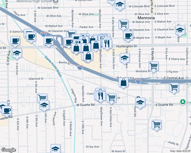 map of restaurants, bars, coffee shops, grocery stores, and more near 519 Diamond Street in Monrovia