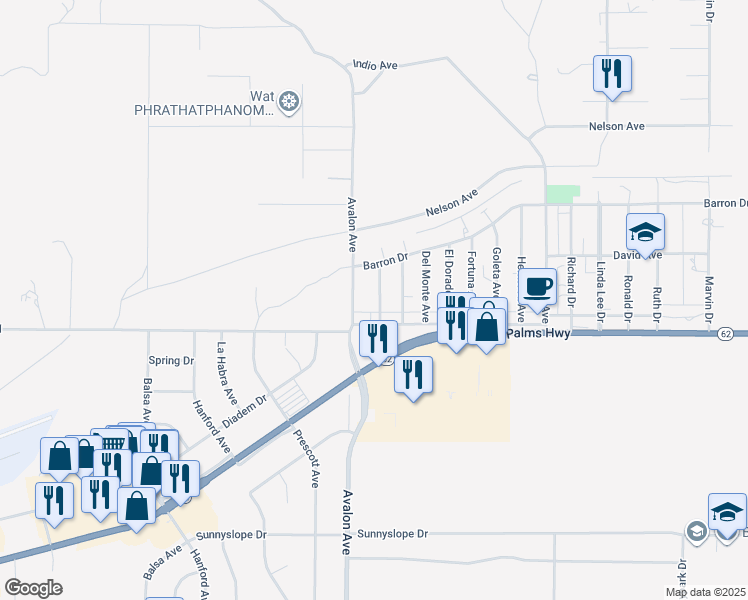 map of restaurants, bars, coffee shops, grocery stores, and more near 6464 Balboa Avenue in Yucca Valley