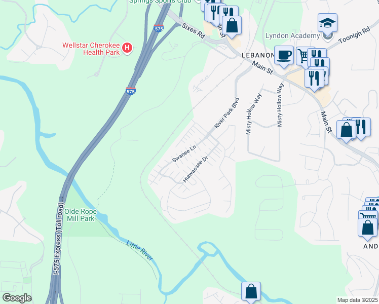 map of restaurants, bars, coffee shops, grocery stores, and more near 236 Hiawassee Drive in Woodstock
