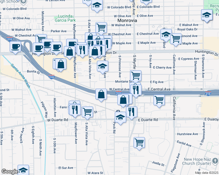map of restaurants, bars, coffee shops, grocery stores, and more near 237 West Central Avenue in Monrovia