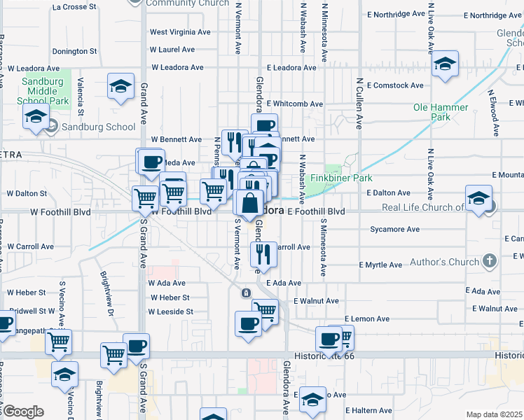 map of restaurants, bars, coffee shops, grocery stores, and more near 337 West Route 66 in Glendora