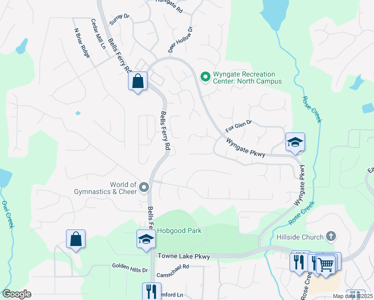 map of restaurants, bars, coffee shops, grocery stores, and more near 1514 Shadow Ridge Circle in Woodstock