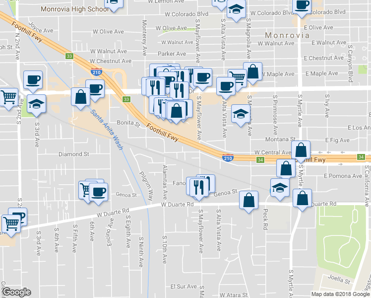 map of restaurants, bars, coffee shops, grocery stores, and more near 531 Diamond Street in Monrovia