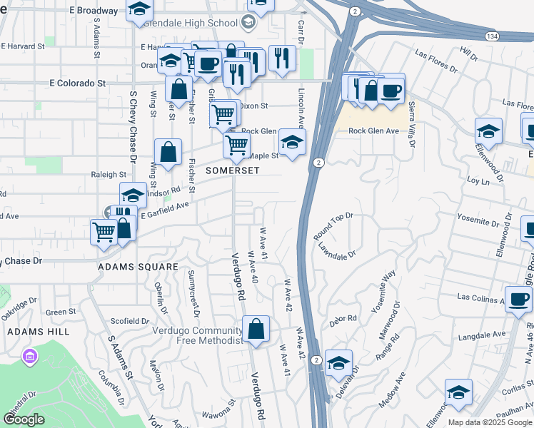 map of restaurants, bars, coffee shops, grocery stores, and more near 908 Osceola Street in Glendale