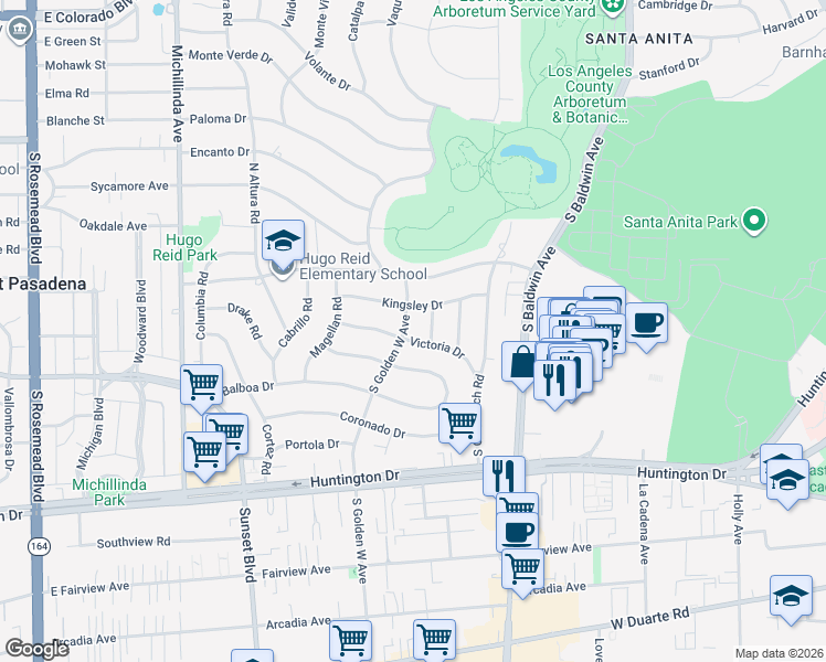 map of restaurants, bars, coffee shops, grocery stores, and more near 406 South Golden West Avenue in Arcadia