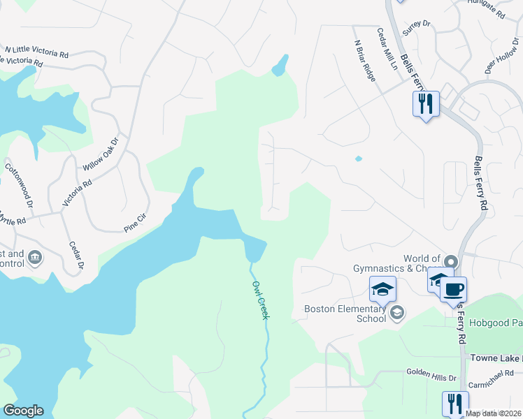 map of restaurants, bars, coffee shops, grocery stores, and more near 401 Dockside Cove in Woodstock