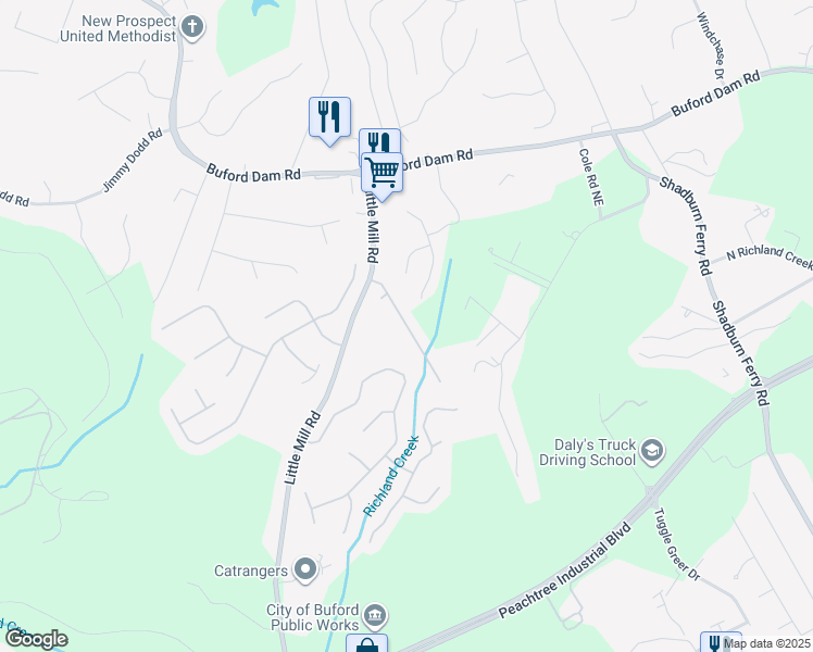 map of restaurants, bars, coffee shops, grocery stores, and more near Mina Lane Drive Northeast in Buford