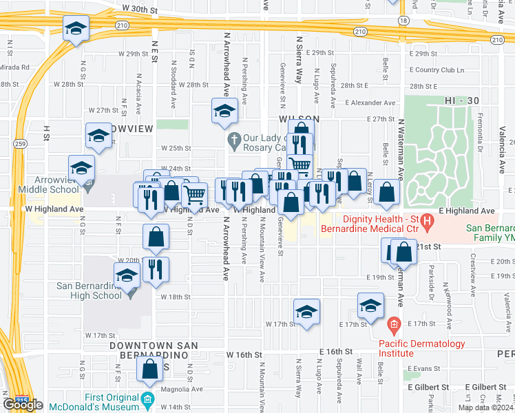 map of restaurants, bars, coffee shops, grocery stores, and more near 214 West Highland Avenue in San Bernardino