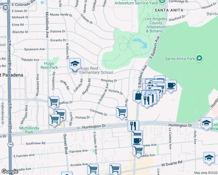 map of restaurants, bars, coffee shops, grocery stores, and more near 406 South Golden West Avenue in Arcadia