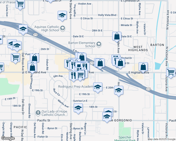 map of restaurants, bars, coffee shops, grocery stores, and more near 2185 East Highland Avenue in San Bernardino