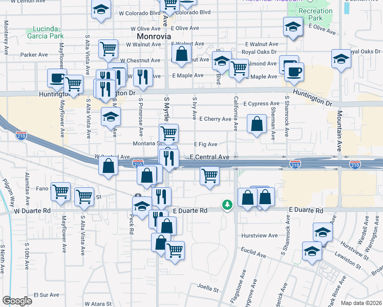 map of restaurants, bars, coffee shops, grocery stores, and more near 147 East Central Avenue in Monrovia