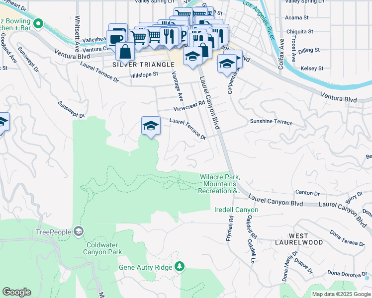 map of restaurants, bars, coffee shops, grocery stores, and more near 3596 Woodhill Canyon Rd in Studio City