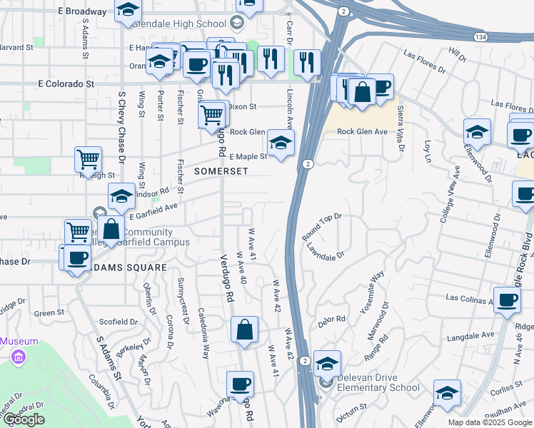 map of restaurants, bars, coffee shops, grocery stores, and more near 916 Highline Road in Glendale