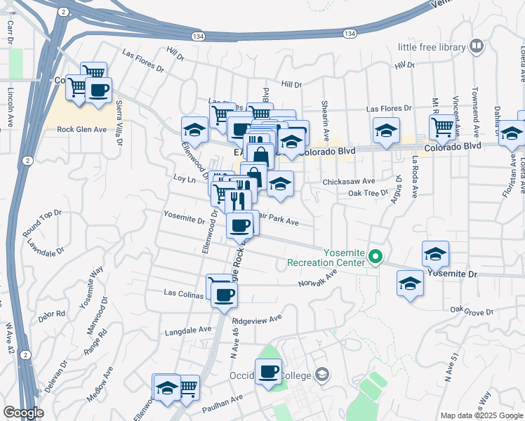 map of restaurants, bars, coffee shops, grocery stores, and more near 2108 Fair Park Avenue in Los Angeles