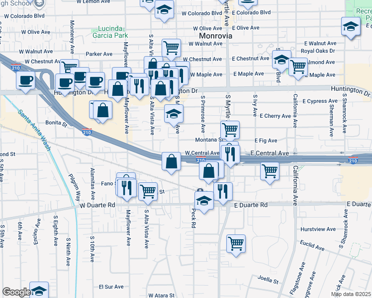 map of restaurants, bars, coffee shops, grocery stores, and more near 237 West Central Avenue in Monrovia