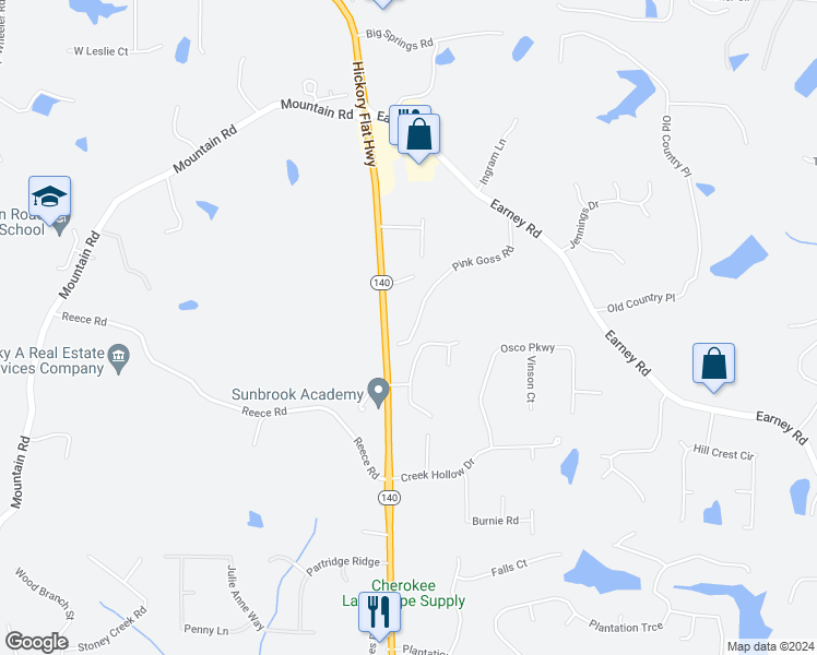 map of restaurants, bars, coffee shops, grocery stores, and more near 1170 Pink Goss Road in Woodstock