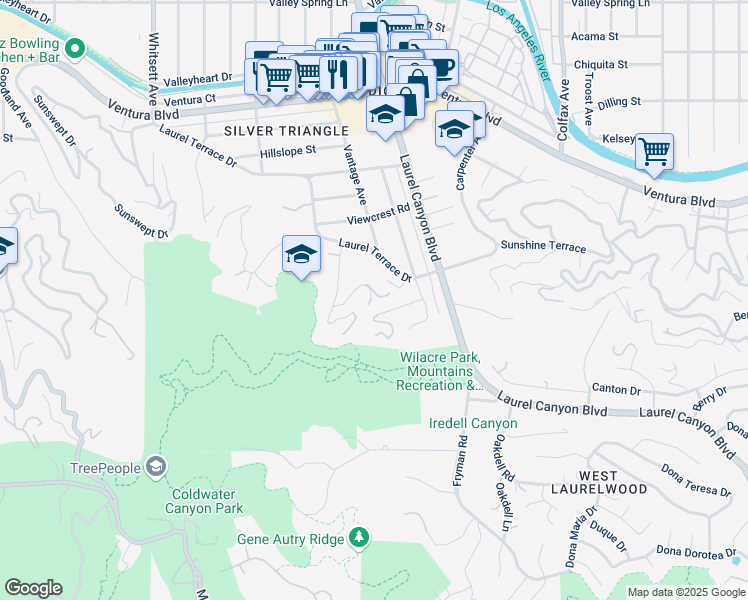 map of restaurants, bars, coffee shops, grocery stores, and more near 3596 Woodhill Canyon Rd in Studio City