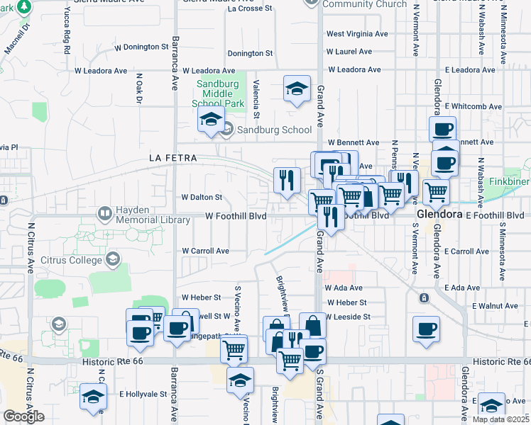 map of restaurants, bars, coffee shops, grocery stores, and more near 627 West Foothill Boulevard in Glendora
