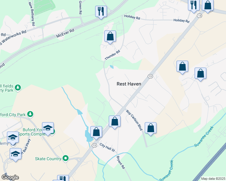 map of restaurants, bars, coffee shops, grocery stores, and more near 409 Thunder Road in Buford