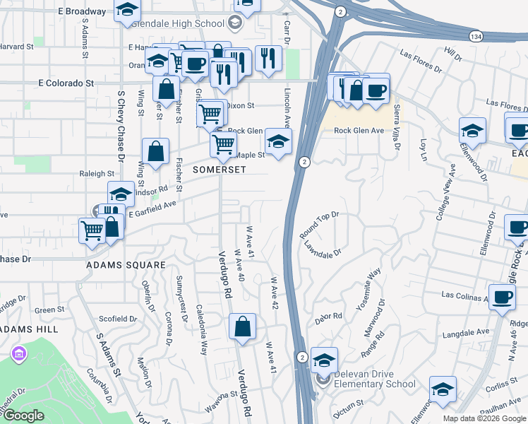map of restaurants, bars, coffee shops, grocery stores, and more near 916 Highline Road in Glendale