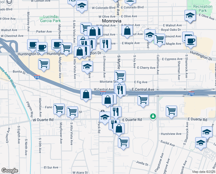 map of restaurants, bars, coffee shops, grocery stores, and more near 137 West Central Avenue in Monrovia