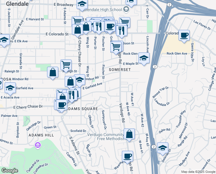 map of restaurants, bars, coffee shops, grocery stores, and more near 836 Fischer Street in Glendale