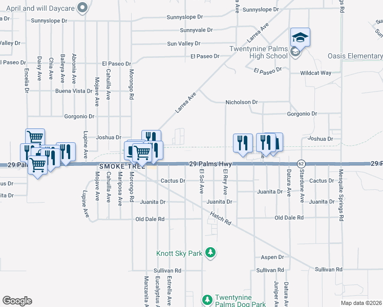 map of restaurants, bars, coffee shops, grocery stores, and more near 72338 29 Palms Highway in Twentynine Palms