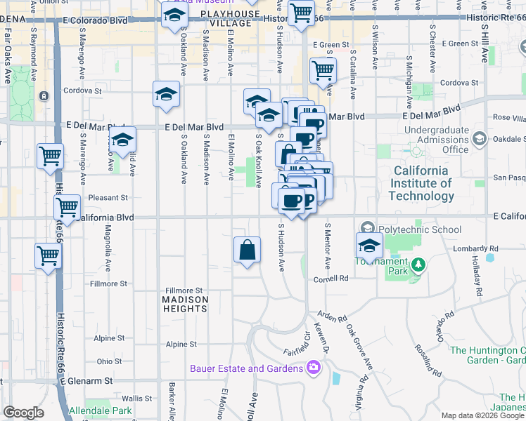 map of restaurants, bars, coffee shops, grocery stores, and more near 716 East California Boulevard in Pasadena
