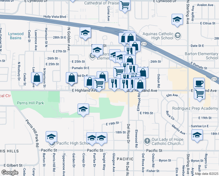 map of restaurants, bars, coffee shops, grocery stores, and more near 1445 East Highland Avenue in San Bernardino