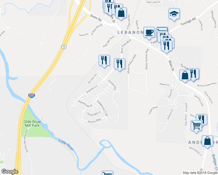 map of restaurants, bars, coffee shops, grocery stores, and more near 215 Hiawassee Drive in Woodstock