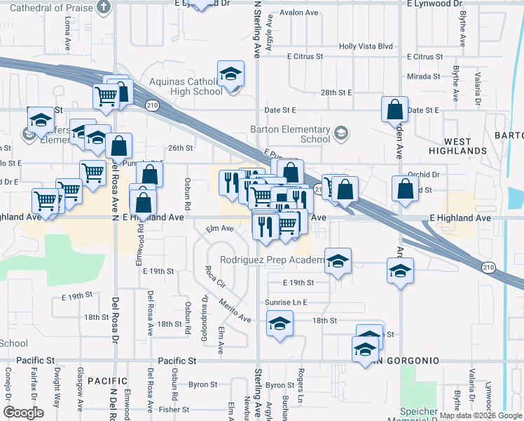 map of restaurants, bars, coffee shops, grocery stores, and more near 2002 East Highland Avenue in San Bernardino