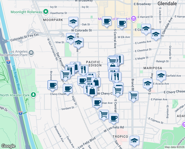 map of restaurants, bars, coffee shops, grocery stores, and more near 420 West Windsor Road in Glendale