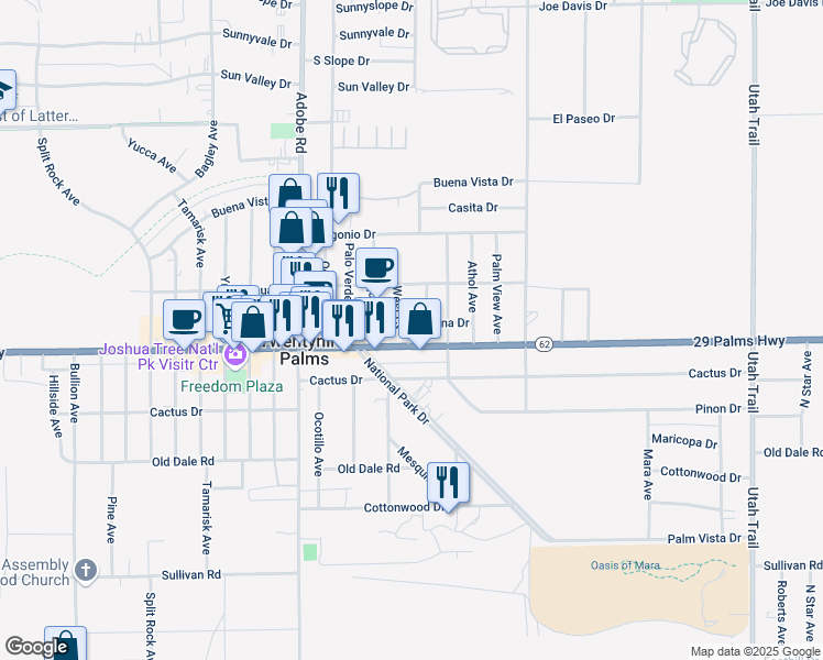 map of restaurants, bars, coffee shops, grocery stores, and more near 73845 29 Palms Highway in Twentynine Palms