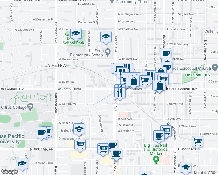 map of restaurants, bars, coffee shops, grocery stores, and more near 137 Calder Drive in Glendora