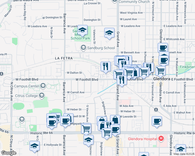 map of restaurants, bars, coffee shops, grocery stores, and more near 630 West Foothill Boulevard in Glendora