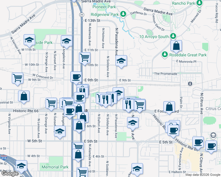 map of restaurants, bars, coffee shops, grocery stores, and more near 435 East 8th Street in Azusa