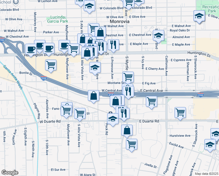 map of restaurants, bars, coffee shops, grocery stores, and more near 209 West Central Avenue in Monrovia