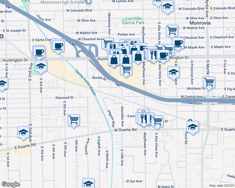 map of restaurants, bars, coffee shops, grocery stores, and more near 1516 Alamitas Avenue in Monrovia