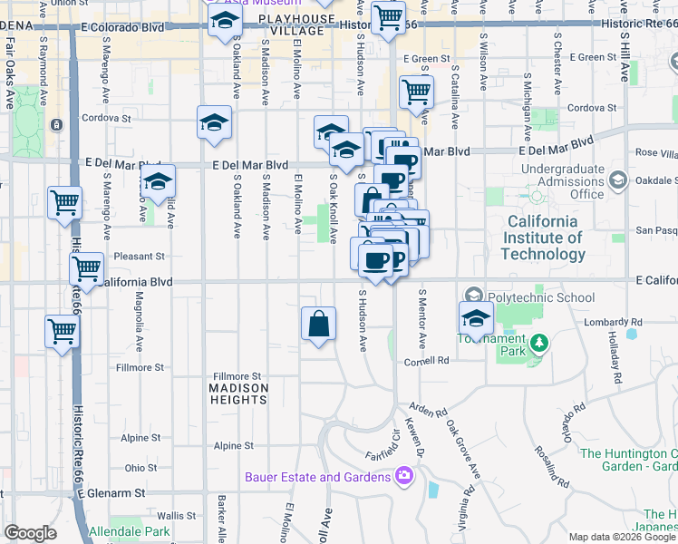 map of restaurants, bars, coffee shops, grocery stores, and more near 716 East California Boulevard in Pasadena