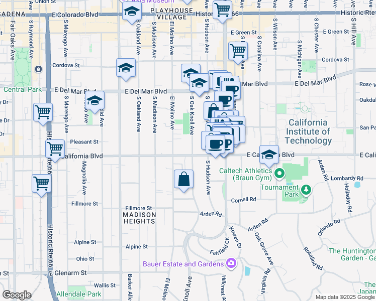 map of restaurants, bars, coffee shops, grocery stores, and more near 716 East California Boulevard in Pasadena