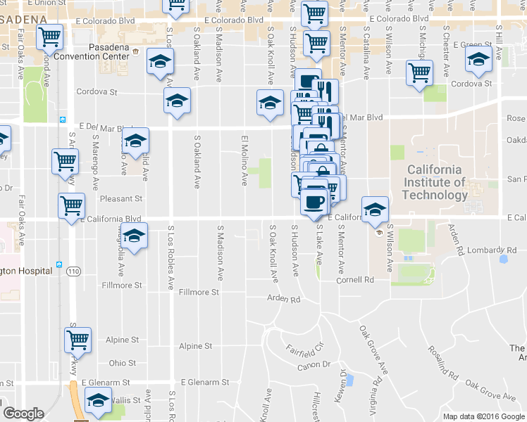 map of restaurants, bars, coffee shops, grocery stores, and more near 716 East California Boulevard in Pasadena